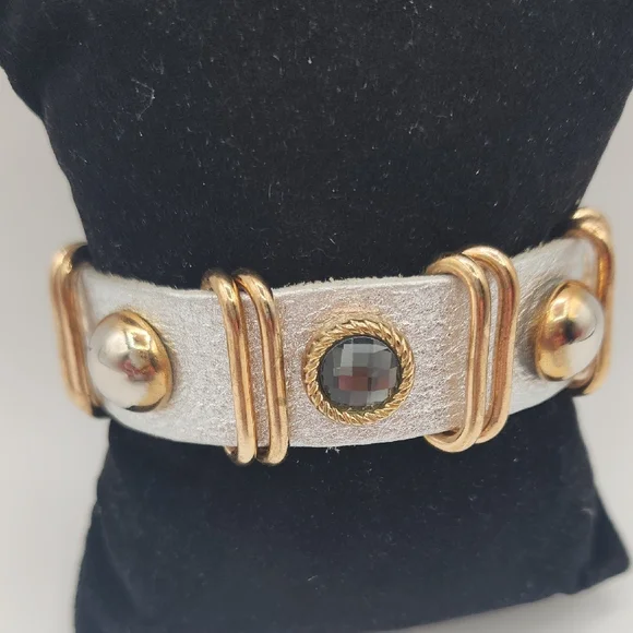 Leather Snap Gold and Silver Bracelet - Picture 2 of 15
